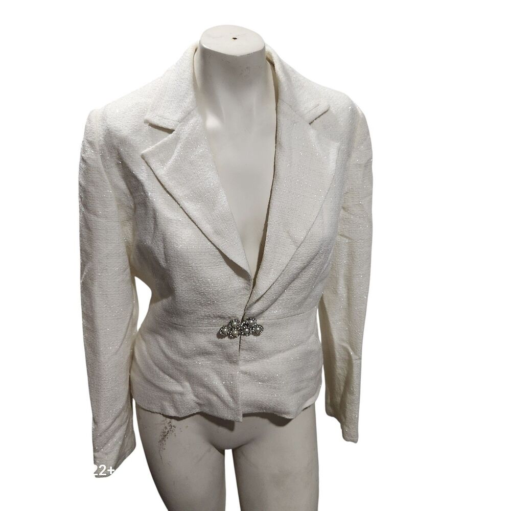 White House Black Market Ivory Lurex Tweed Blazer Jacket Pearl Rhinestone 12
